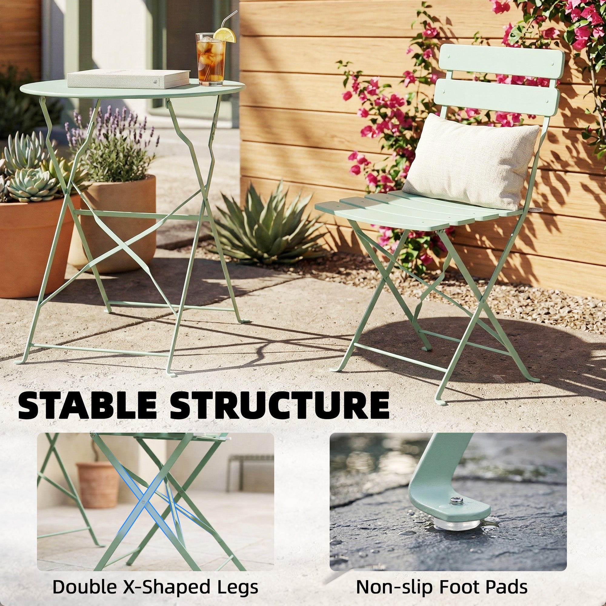 Outsunny Folding Garden Bistro Set, Outdoor Round Bistro Table and Chairs Set 2 with Electrophoresis Metal Frame, Light Green