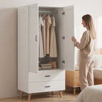 2-Door Wardrobe, Modern Wardrobe with 2 Drawers and Hanging Rail for Bedroom, White