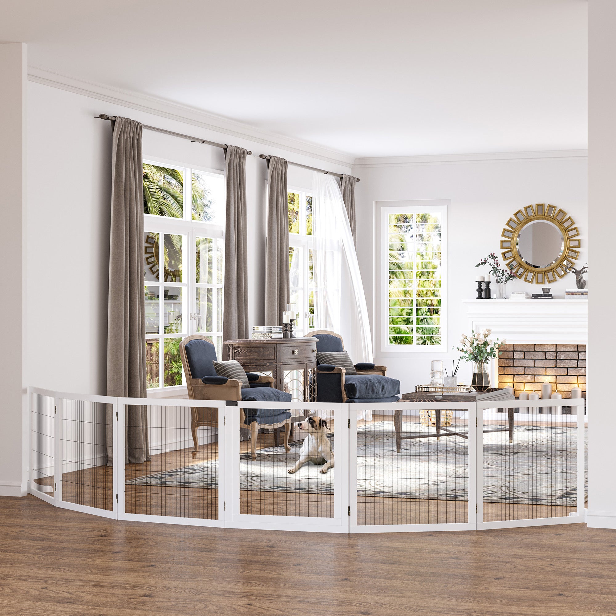 PawHut Wooden Pet Gate, Freestanding Dog Safety Barrier with 2 Support Feet, White