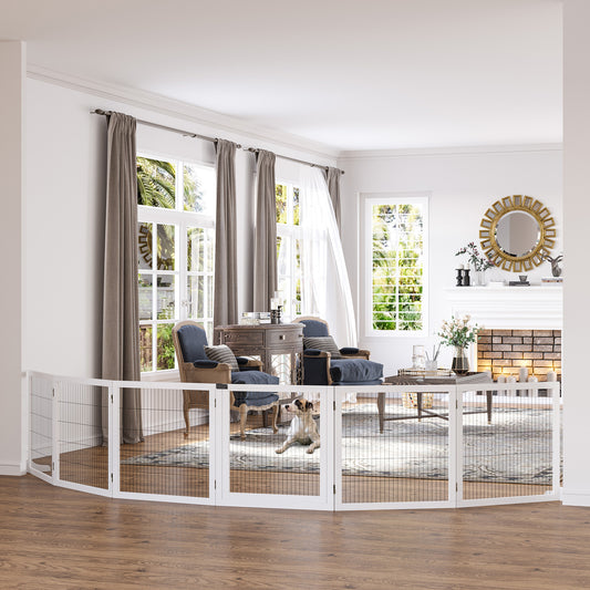 PawHut Wooden Pet Gate, Freestanding Dog Safety Barrier with 2 Support Feet, White