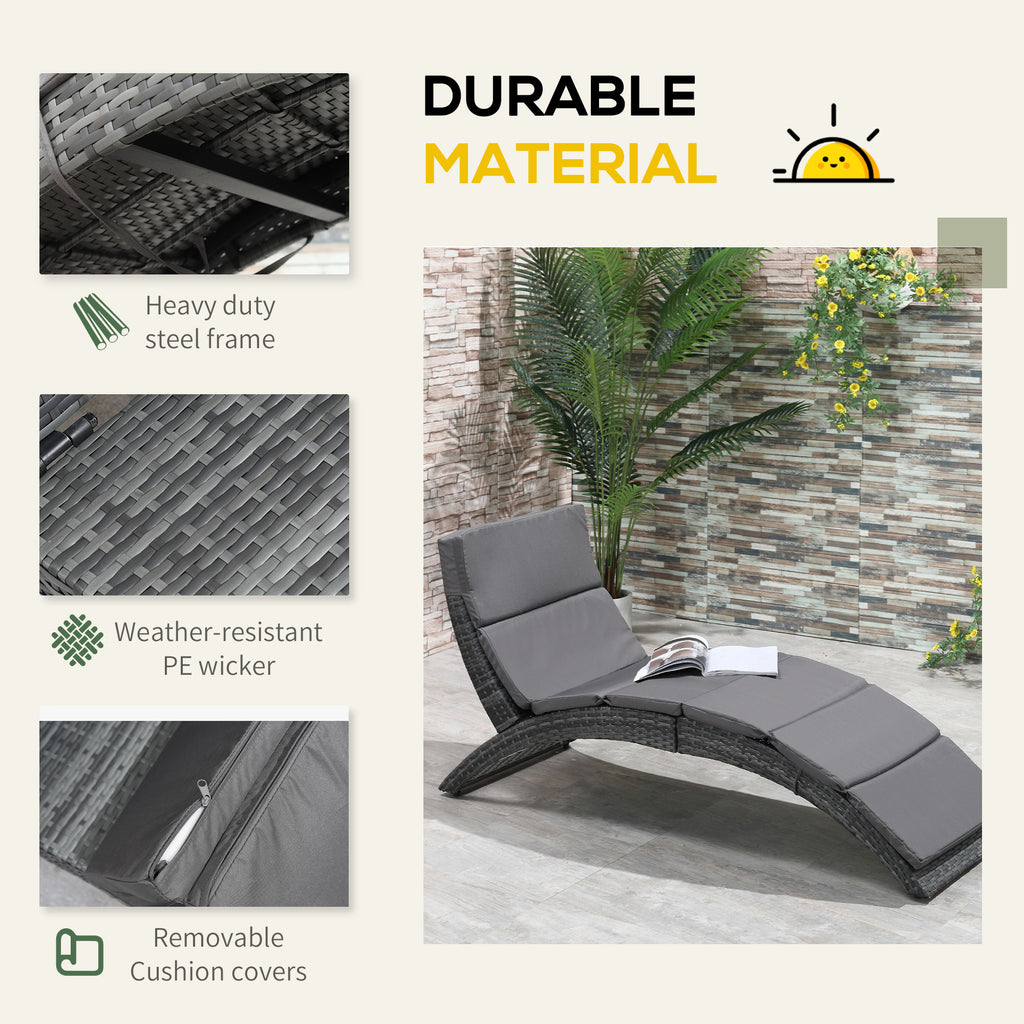 Outsunny Folding Sun Lounger, PE Rattan Garden Lounger Chair with Soft Padded Cushion, Ergonomic Curved Design Sun Bed for Balcony, Garden, Grey