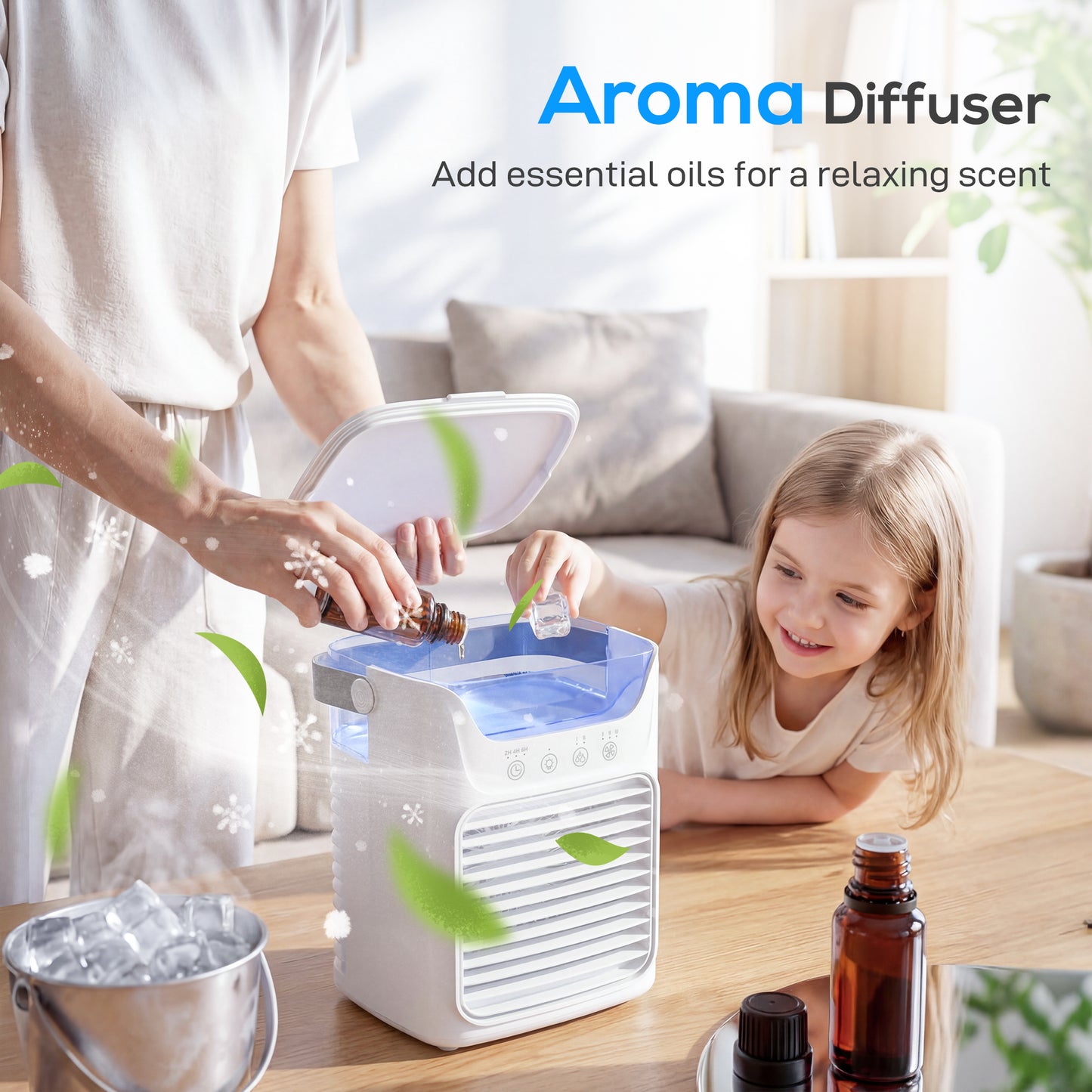 Air Cooler with Adjustable Head, Portable Air Conditioner with 3 Wind Speed, 2 Cool Mist, RGB Light, White