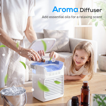 Air Cooler with Adjustable Head, Portable Air Conditioner with 3 Wind Speed, 2 Cool Mist, RGB Light, White