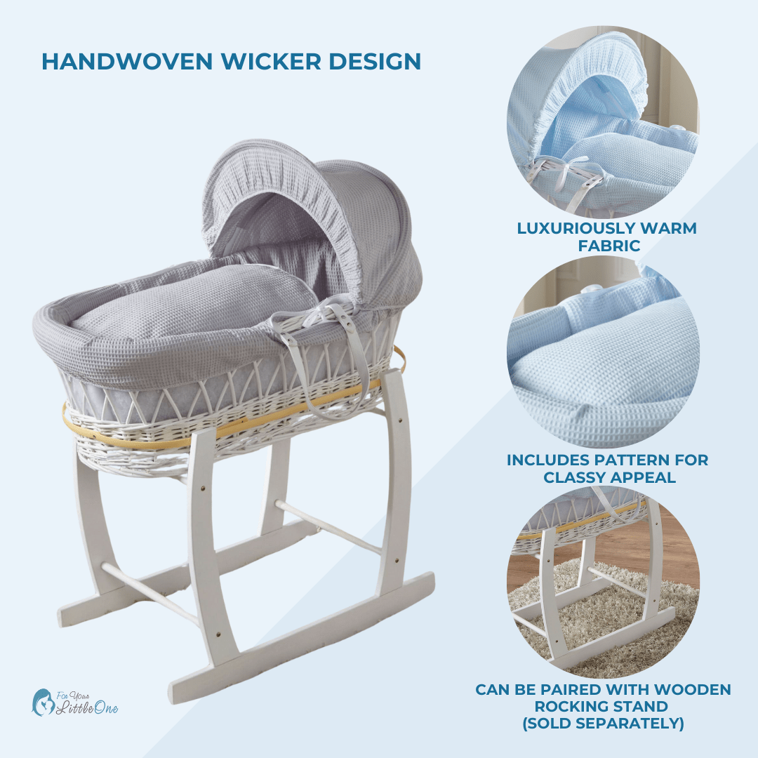 Blue Waffle White Wicker Baby Moses Basket With Stand