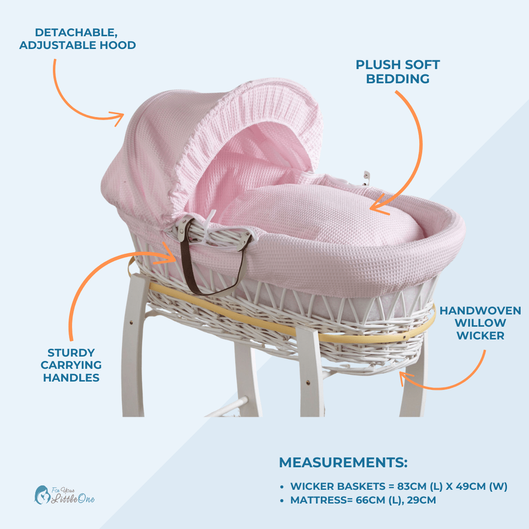 Pink Dimple Grey Wicker Baby Moses Basket With Stand