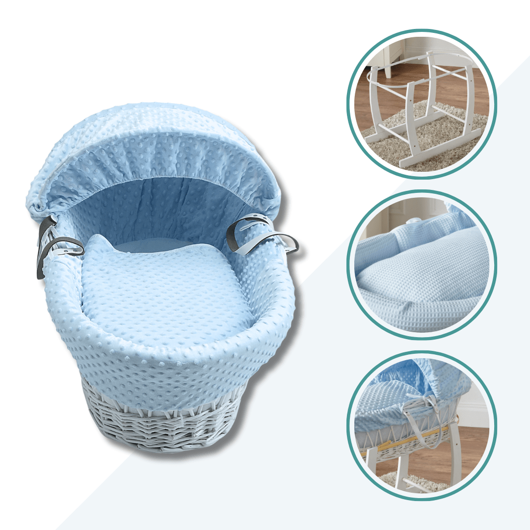 Blue Waffle White Wicker Baby Moses Basket With Stand