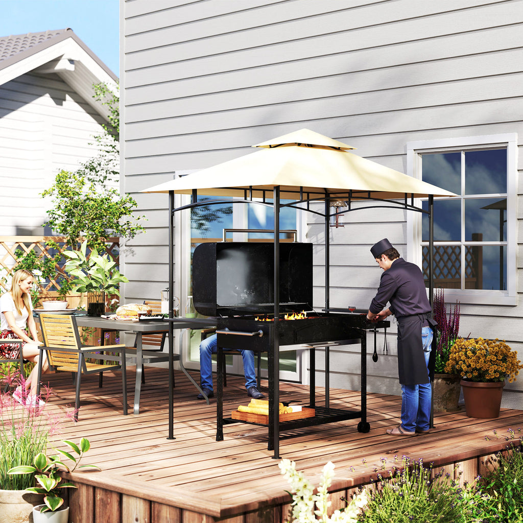 Outsunny 8' x 5' Grill Gazebo, Double Tiered BBQ Gazebo Shelter Canopy with LED Lights, 2 Side Shelves, Hooks, Beige