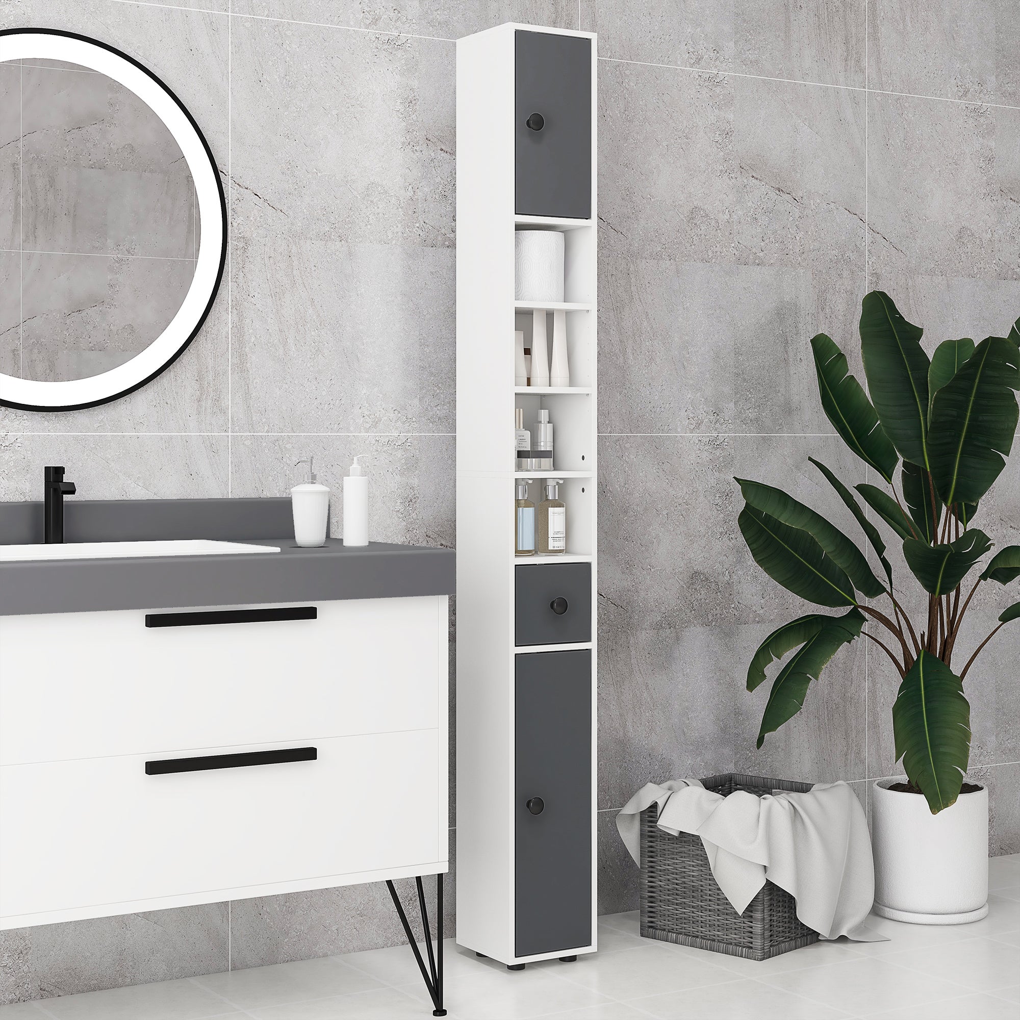kleankin 180cm Slim Bathroom Cabinet, with Drawer, Shelves and Cupboards - Grey