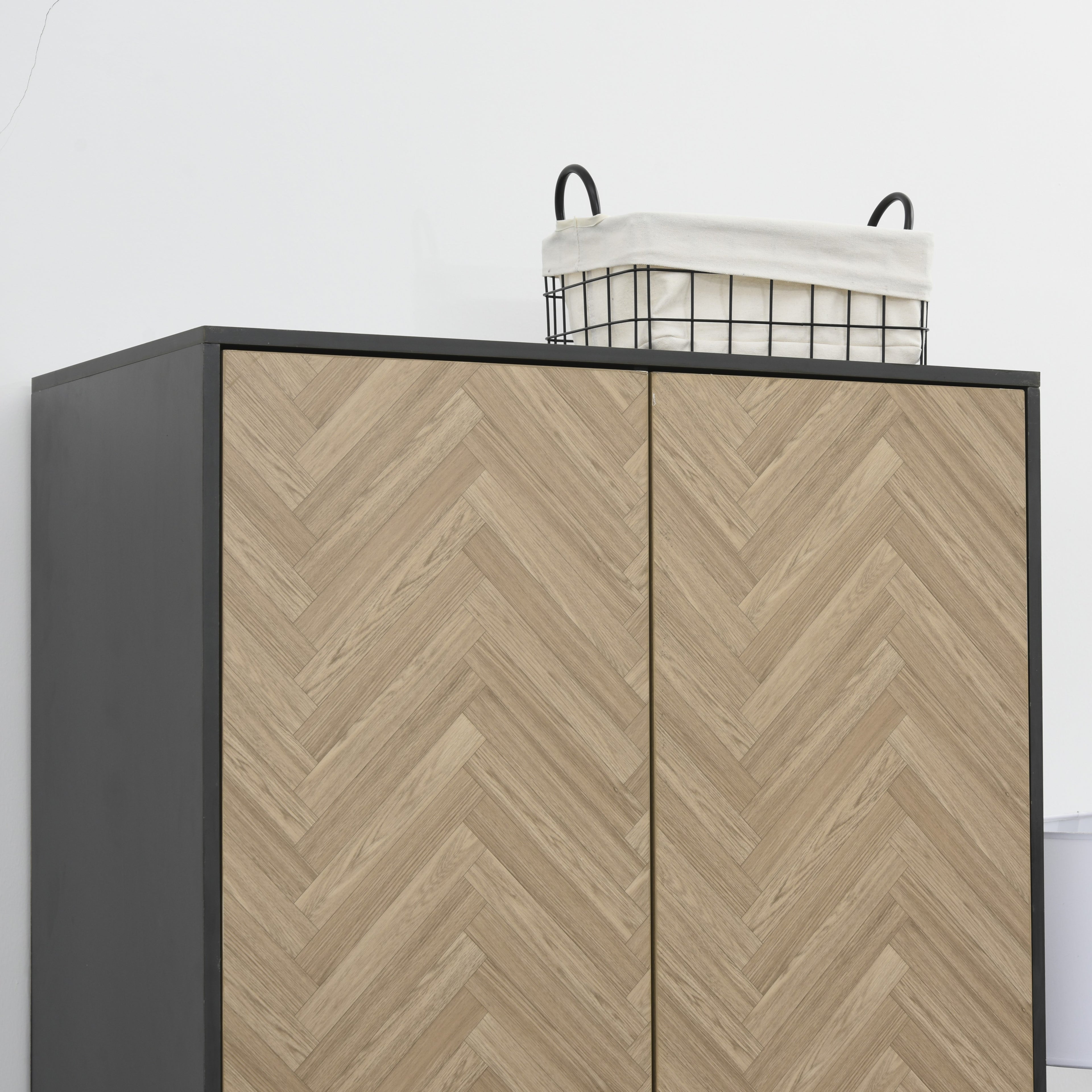 Modern Wardrobe Cabinet Wood Grain Sticker Surface with Shelf, Hanging Rod and 2 Drawers 90x50x190cm