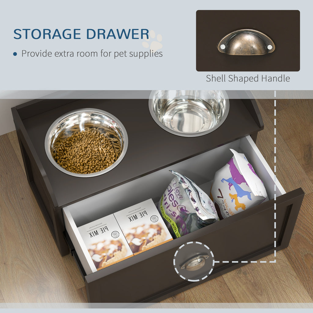 PawHut Stainless Steel Raised Dog Bowls, with 21L Storage Drawer for Large Dogs - Brown