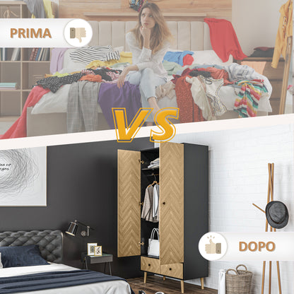 Modern Wardrobe Cabinet Wood Grain Sticker Surface with Shelf, Hanging Rod and 2 Drawers 90x50x190cm