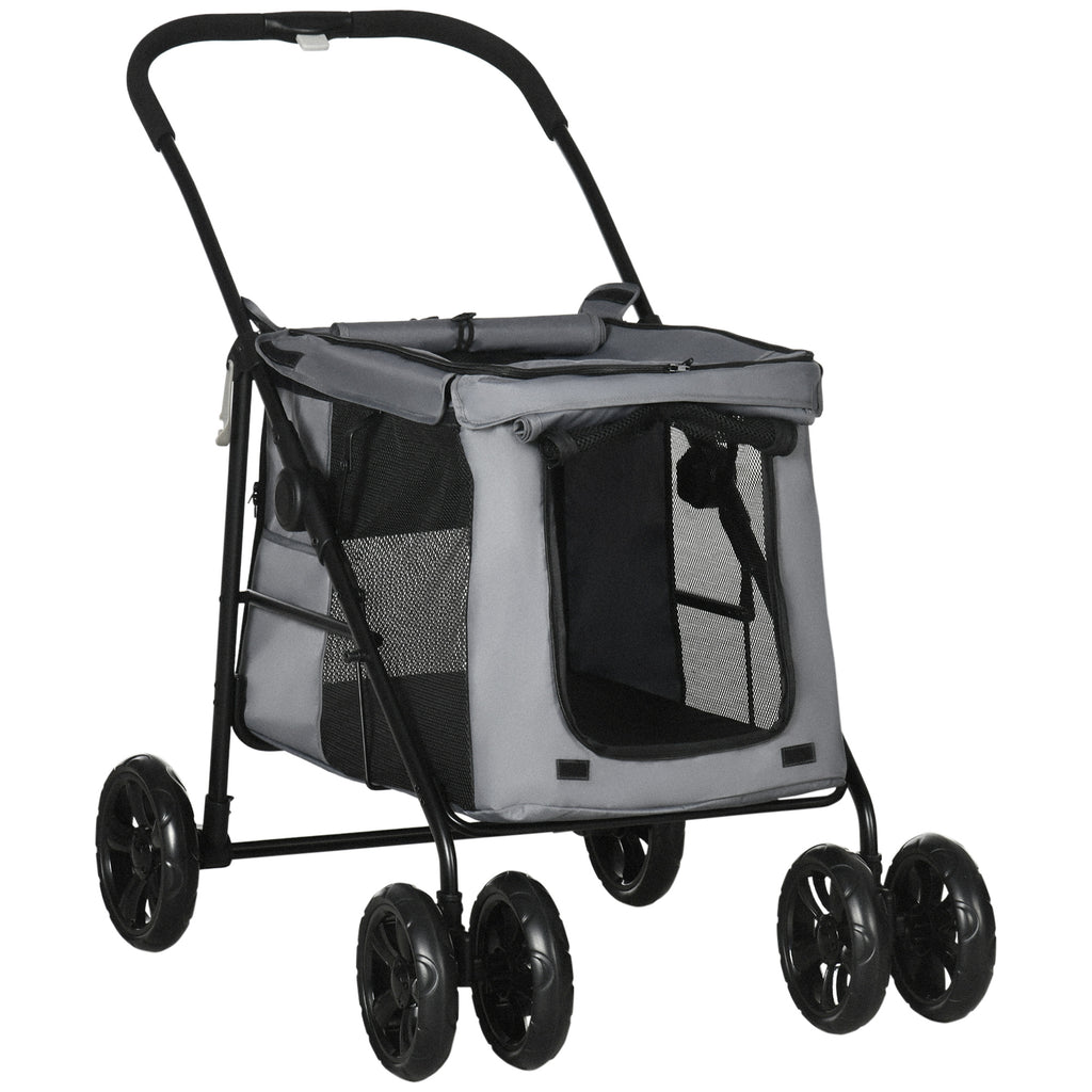 PawHut Dog Pram Dog Stroller 4 Wheels Pet Pushchair with Rolling Door, Cushion, Safety Leashes, for Small and Medium Breeds, Grey