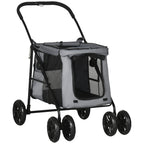 PawHut Dog Pram Dog Stroller 4 Wheels Pet Pushchair with Rolling Door, Cushion, Safety Leashes, for Small and Medium Breeds, Grey