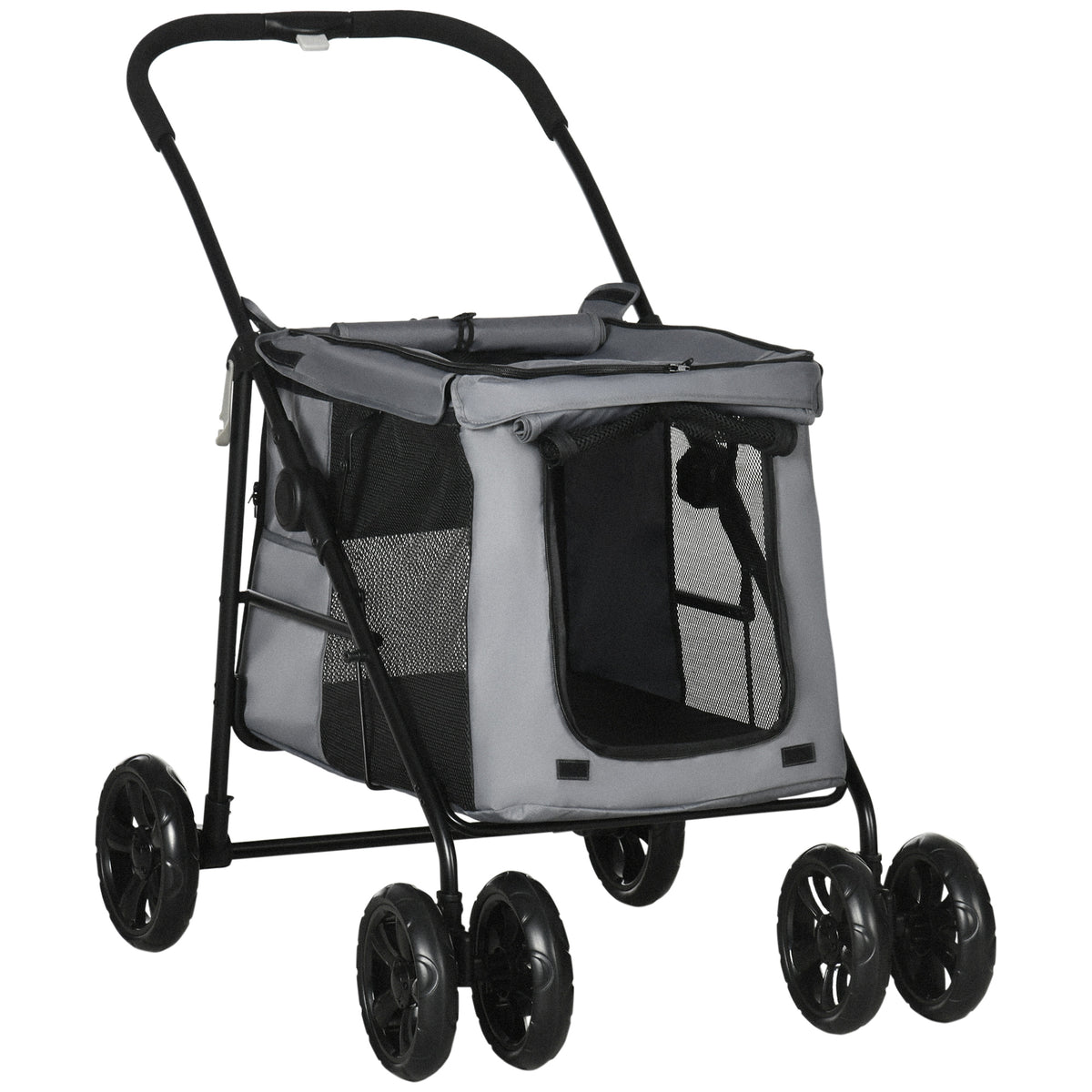PawHut Dog Pram Dog Stroller 4 Wheels Pet Pushchair with Rolling Door, Cushion, Safety Leashes, for Small and Medium Breeds, Grey