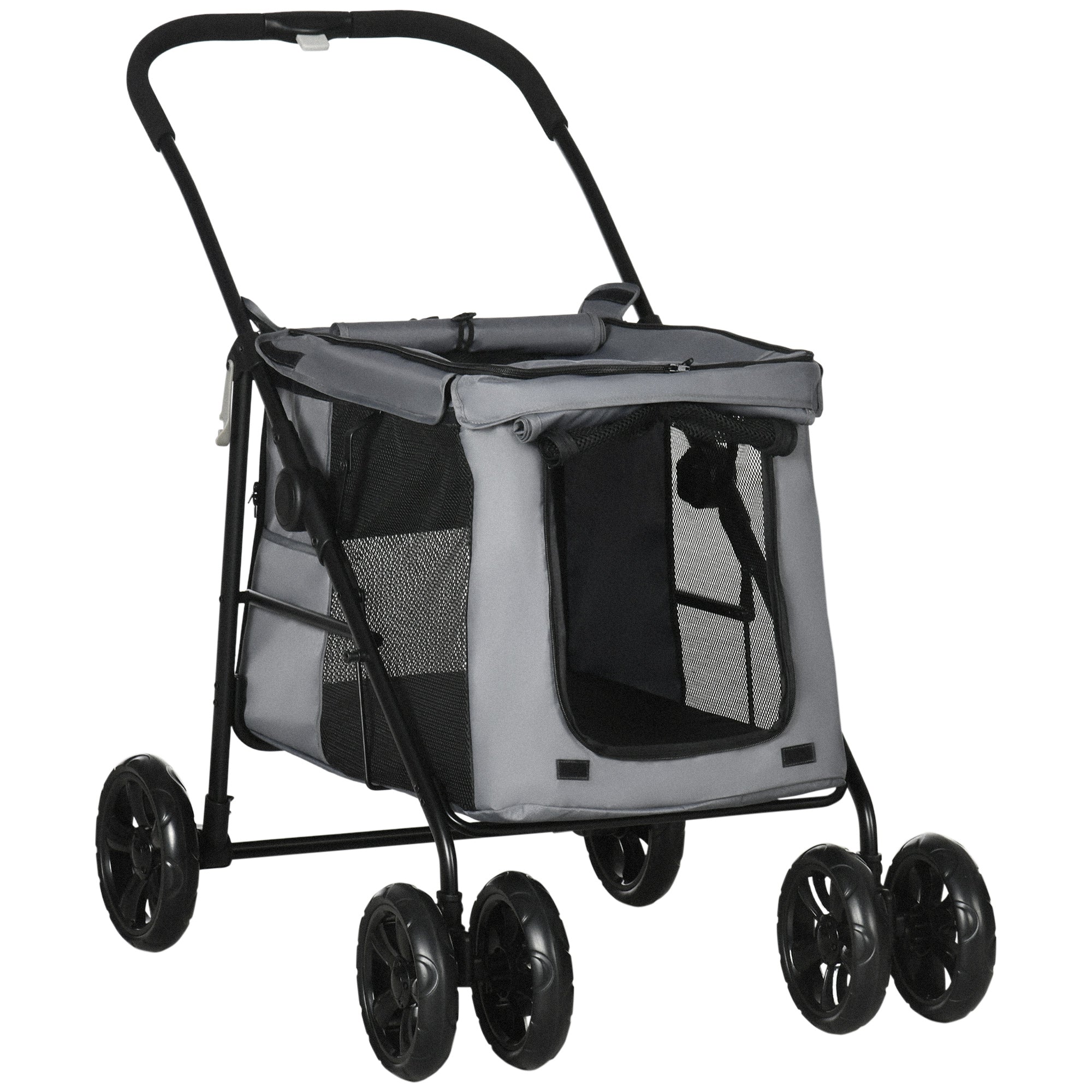 PawHut Dog Pram Dog Stroller 4 Wheels Pet Pushchair with Rolling Door, Cushion, Safety Leashes, for Small and Medium Breeds, Grey