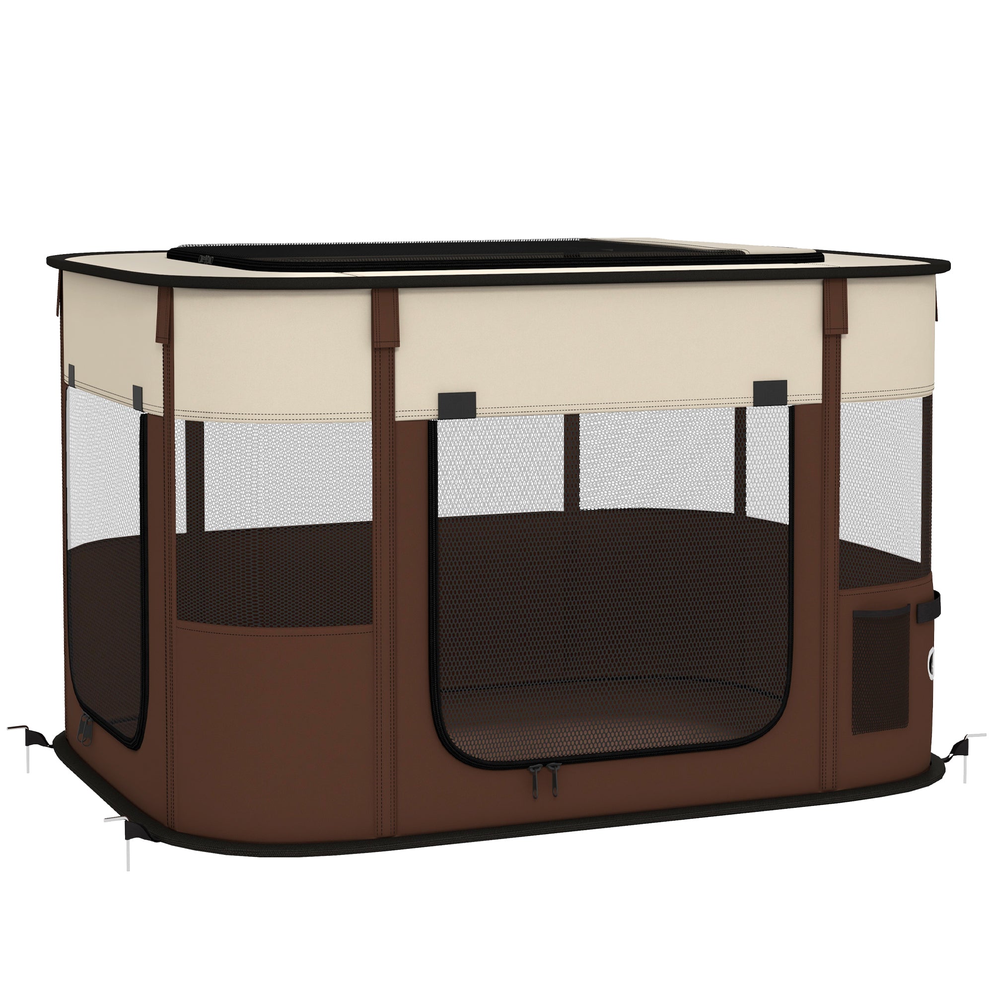 PawHut Foldable Dog Pen with Storage Bag for Indoor/Outdoor Use, Portable Pet playpen, with Ground Stakes - Brown