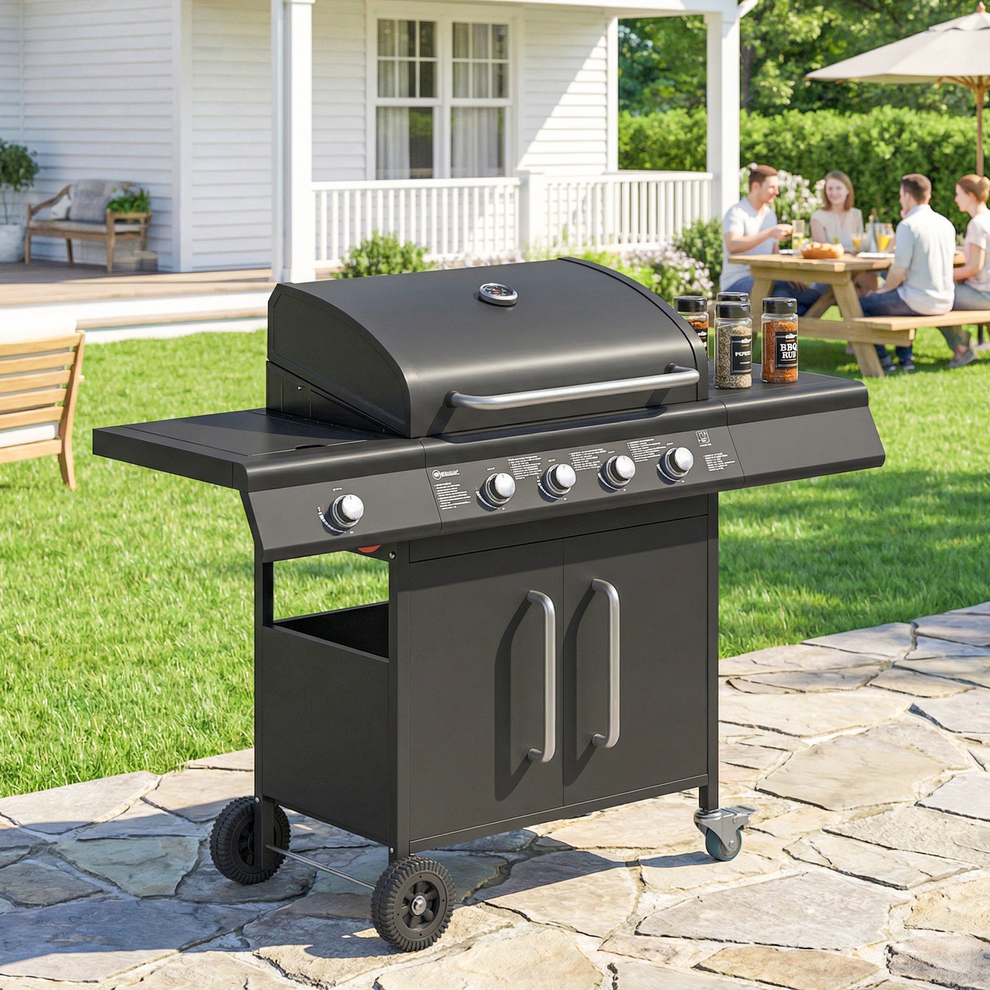 Outsunny 4+1 Burner Gas BBQ Grill with Storage Cabinet, 15.2 kW Gas Barbecue Trolley with Side Table, 4 Wheels, Warming Rack