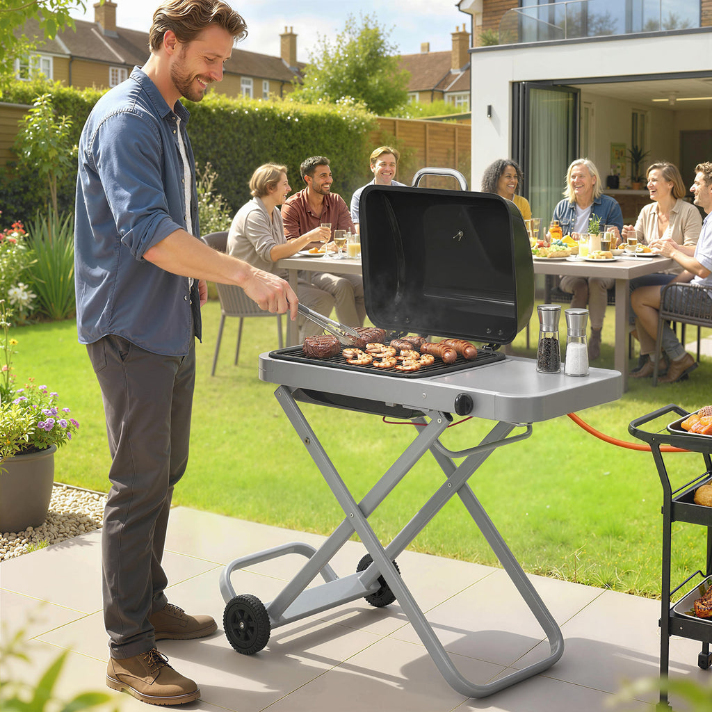 Outsunny Foldable Gas BBQ Grill with Side Table, Portable Gas Barbecue Grill with Thermometer, Grease Box, Wheels, 2.5 kW, Black