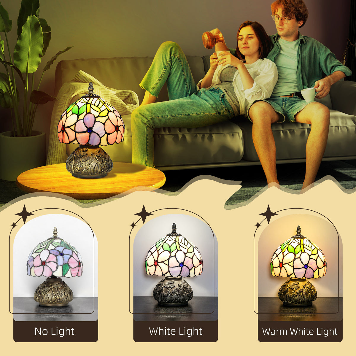 Tiffany-Style Table Lamp with Sculpted Dragonfly Base, Handcrafted Classic Stained Glass Bedside Lamp for Living Room and Bedroom, E27 Socket, Pink