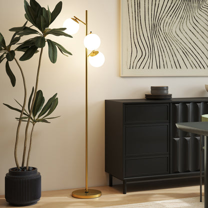 3-Light Tree Floor Lamps for Living Room, Modern Standing Lamp for Bedroom with Globe Lampshade, 3000K/4000K/6000K Colour Temperatures, Steel Base, Gold Tone