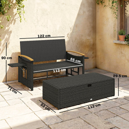 Outsunny Double Garden Rattan Daybed, Wicker Sun Bed Chaise Lounger with Storage Ottoman, 4-Level Adjustable Backrest, Brown