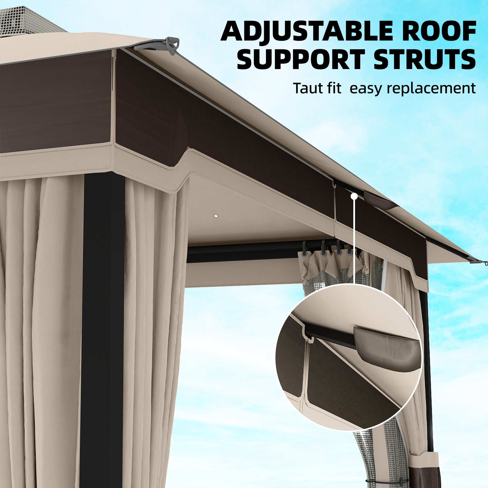 Outsunny 3 x 3.6 m Outdoor Garden Gazebo with Netting and Curtains, Double Roof Patio Gazebo Permanent Pavilion, Khaki