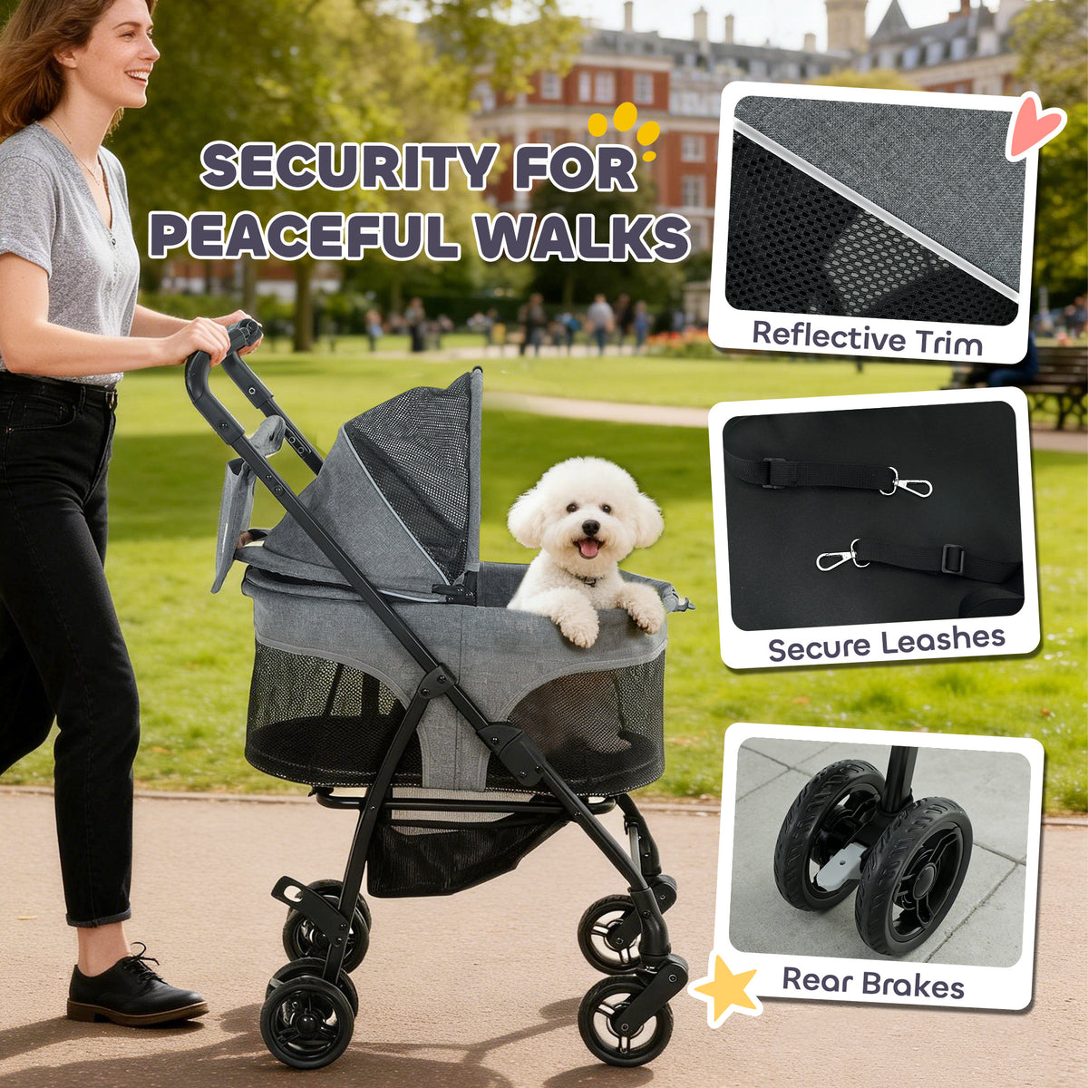 PawHut Pet Stroller, Foldable Dog Cat Stroller with Detachable Carrier, Wheels, Storage Basket, Secure Leash
