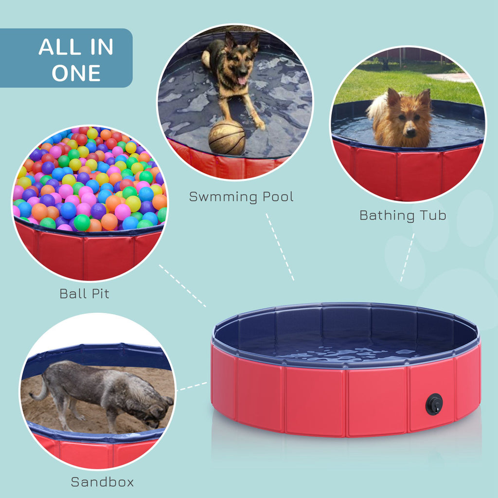 PawHut Foldable Dog Pool for Puppies and Ducks, Thickened PVC Dog Paddling Pool Bath Tub Hard Board, Anti-Slip Bottom and Drainage Hole, 80 x 20cm, Red and Blue