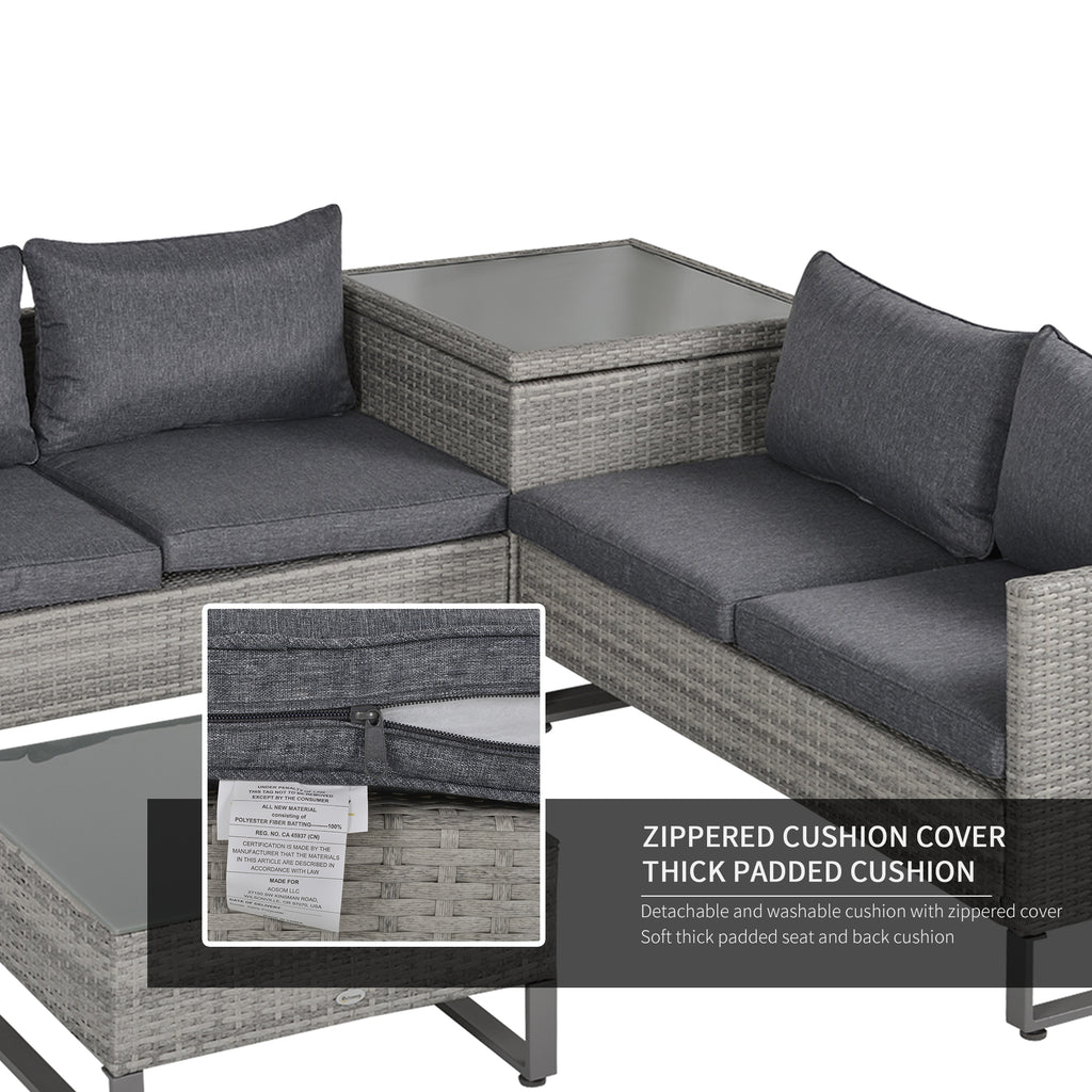 Outsunny 4 Pieces Rattan Garden Furniture Set, 4 Seater Garden Sofa Set with Storage Box, Loveseats and Glass Top Table, Wicker Outdoor Conservatory Furniture with Cushions for Outdoor, Patio, Grey