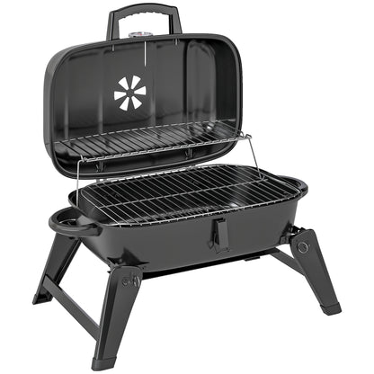 Outsunny Charcoal Barbecue Grill Folding Portable BBQ Grill for Camping with 1232 cm² Cooking Area, Adjustable Vent, Thermometer, Handles for Picnic, 59 x 37 x 36 cm, Black