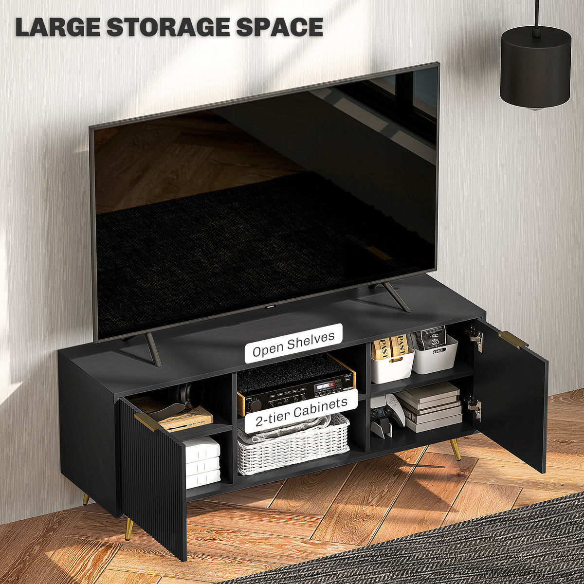 Modern TV Stand Cabinet for TVs up to 55", TV Unit with 2 Open Shelves and 2 Cabinets, Entertainment Centre with Cable Management for Living Room, Black