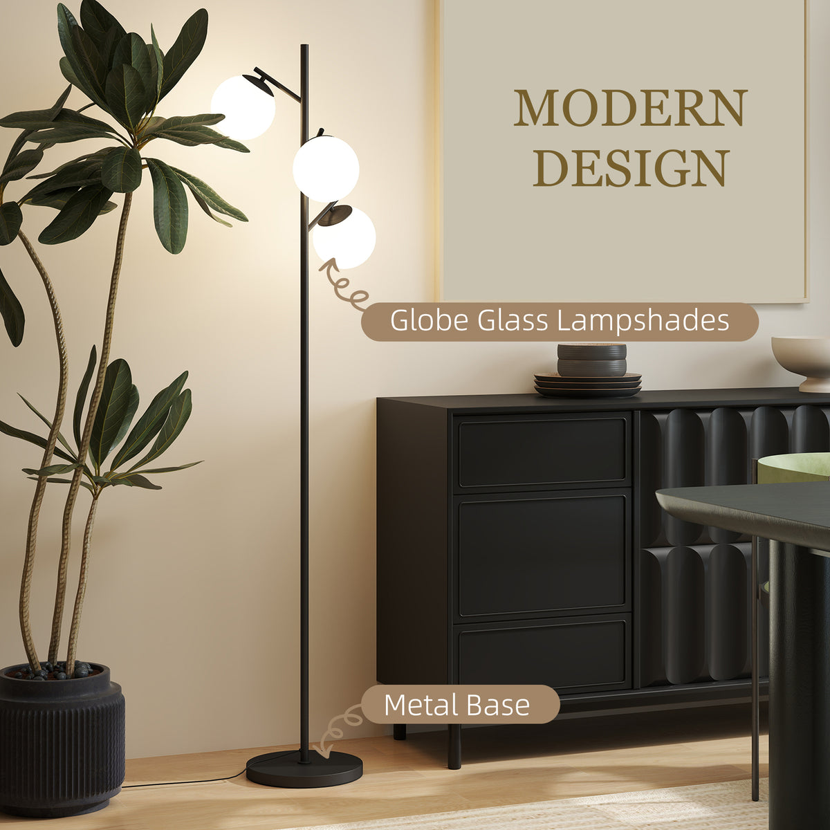 3-Light Tree Floor Lamps for Living Room, Modern Standing Lamp for Bedroom with Globe Lampshade, Steel Base, Bulb not Included, Black