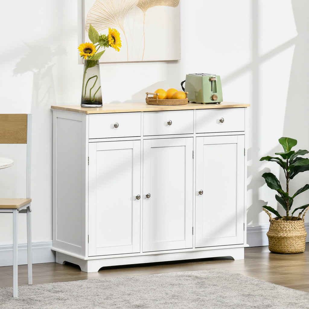 HOMCOM Sideboard with Rubber Wood Top, Modern Storage Cabinet with 3 Adjustable Shelves, White