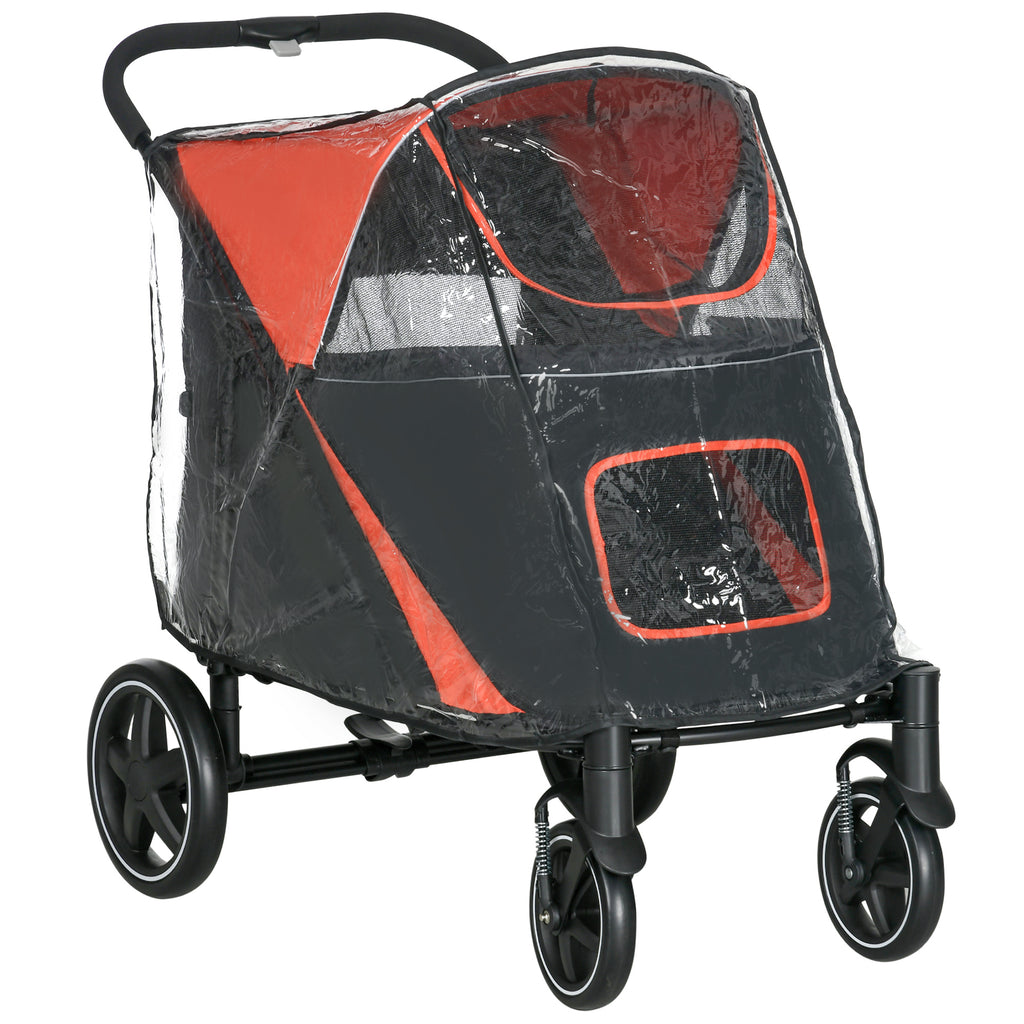 PawHut One-Click Foldable Pet Travel Stroller with Rain Cover, Cat Dog Pushchair with Universal Front Wheels, Shock Absorber, Storage Bags, Mesh Window, Safety Leash for Large and Medium Dogs (Red)