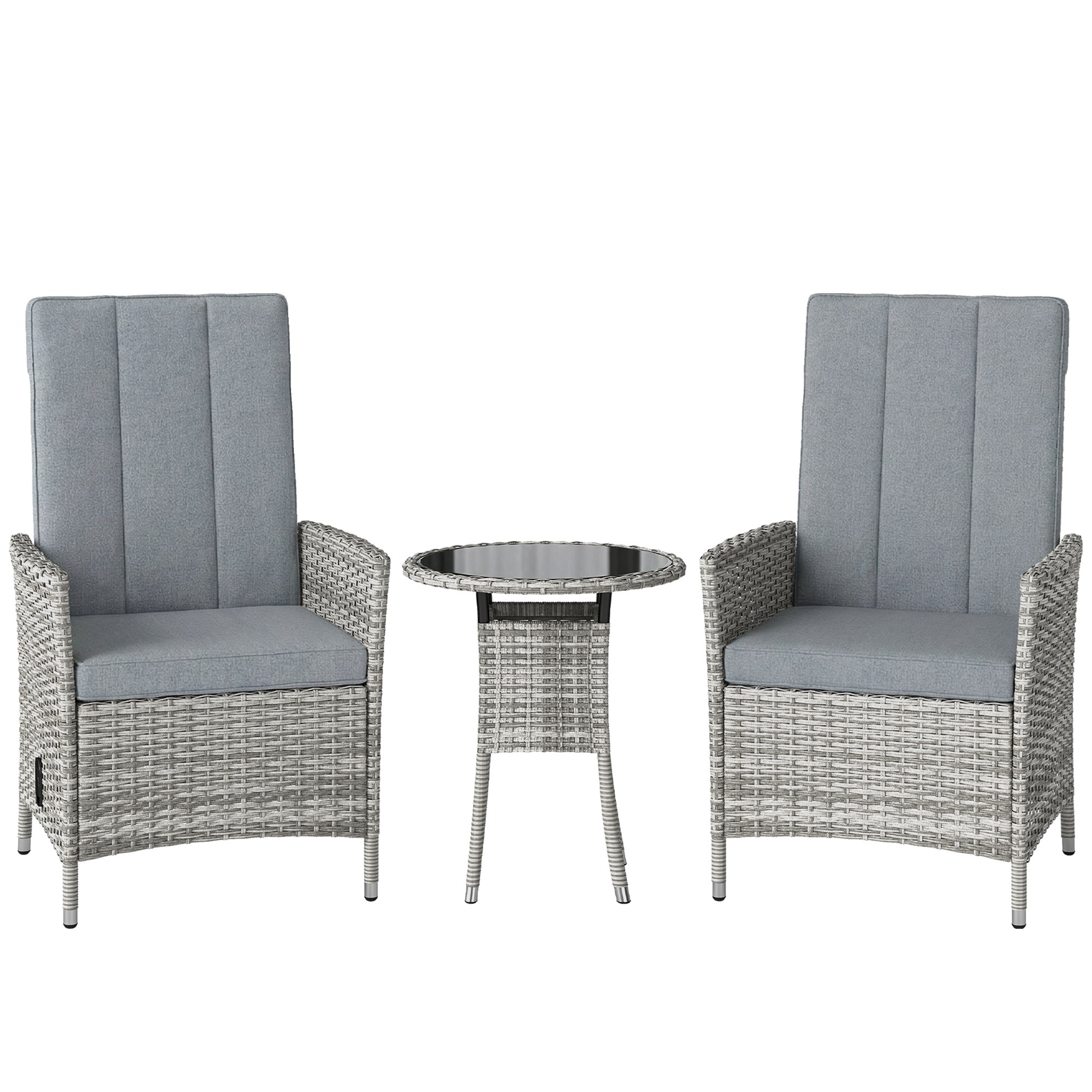 Outsunny Rattan Bistro Set, Reclining Garden Chairs and Glass Coffee Table with Cushions for Patio Balcony Porch, Light Grey