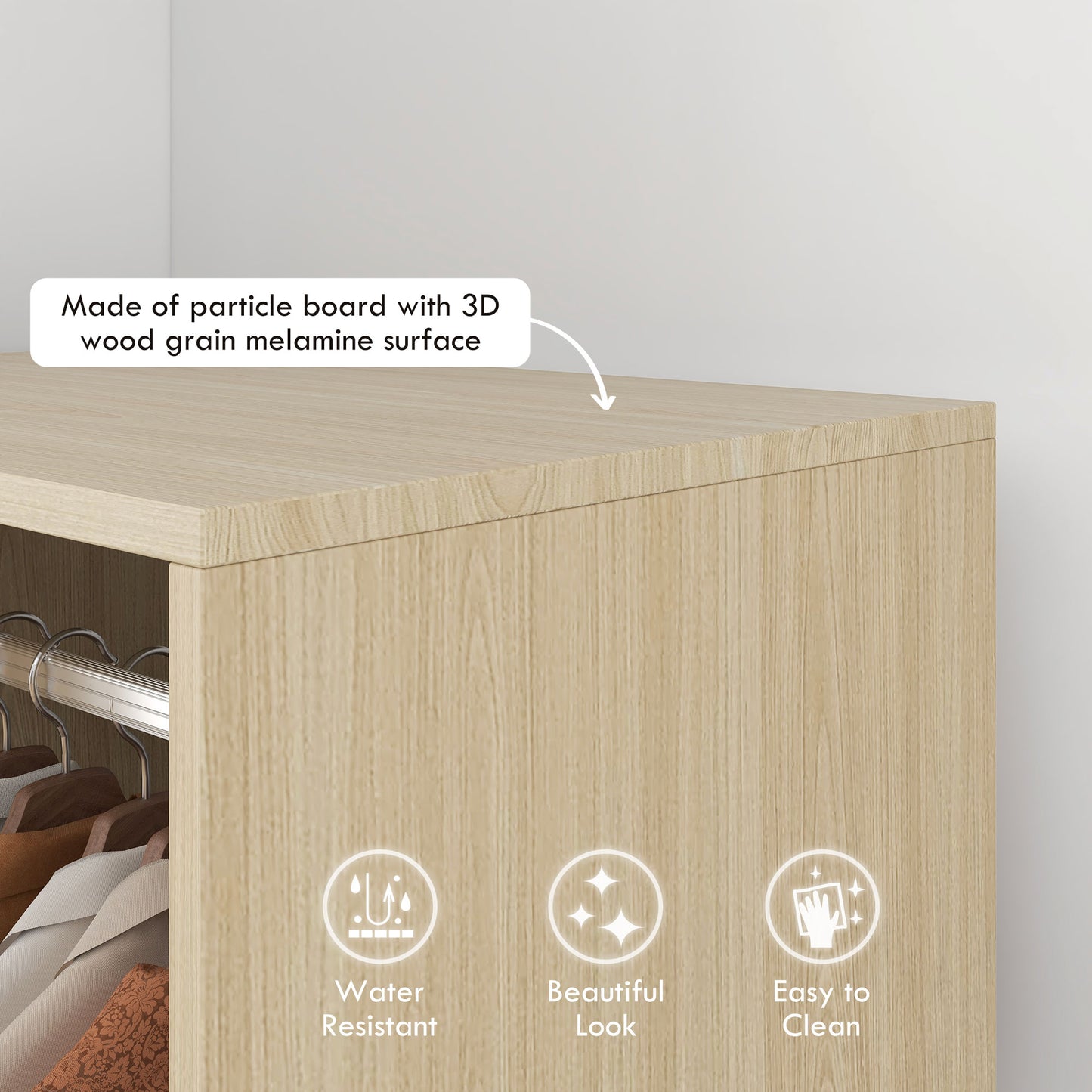 Open Wardrobe on Wheels, Bedroom Wardrobe with Clothes Hanging Rail, 2 Storage Shelves, Mobile Garment Rack for Cloakroom, Hallway, Natural