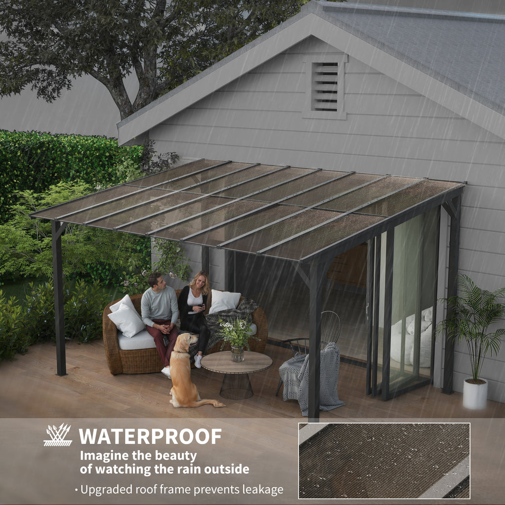 Outsunny 3 x 4.3 m Lean to Pergola with UPF 50+ Waterproof Polycarbonate Roof, Wall-Mounted or Free Standing Hardtop Roof Garden Metal Pergola Gazebo, Heavy Duty Outdoor Sun Shade, Dark Grey