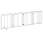 PawHut Freestanding Pet Gate 4 Panel Wooden Dog Barrier Folding Safety Fence with Support Feet up to 204cm Long 61cm Tall for Doorway Stairs White