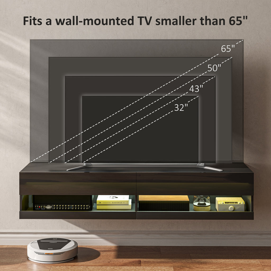 Floating TV Unit, Wall Mounted TV Cabinet for TVs up to 65", High Gloss Media Wall Unit with LED Lights, Storage Shelves, APP Control for Living Entertainment Room, Black