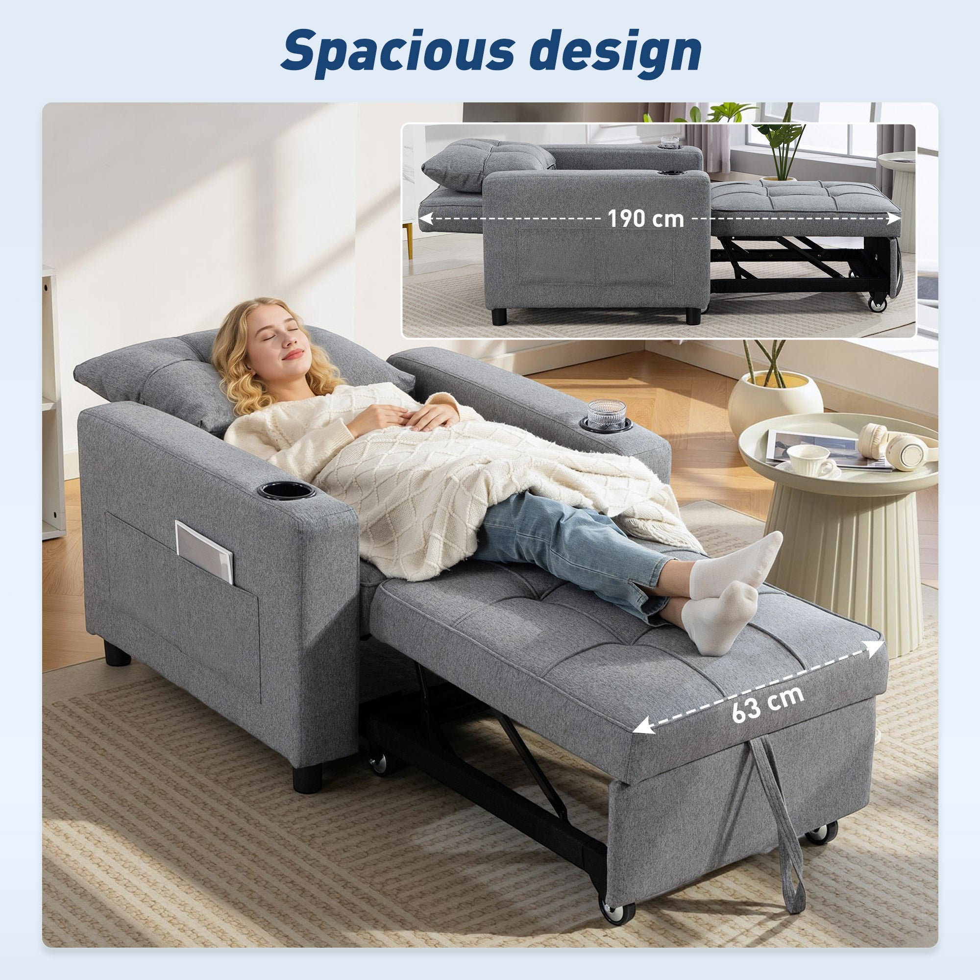 HOMCOM 3-in-1 Single Sofa Bed, Convertible Sleeper Chair Bed - Dark Grey