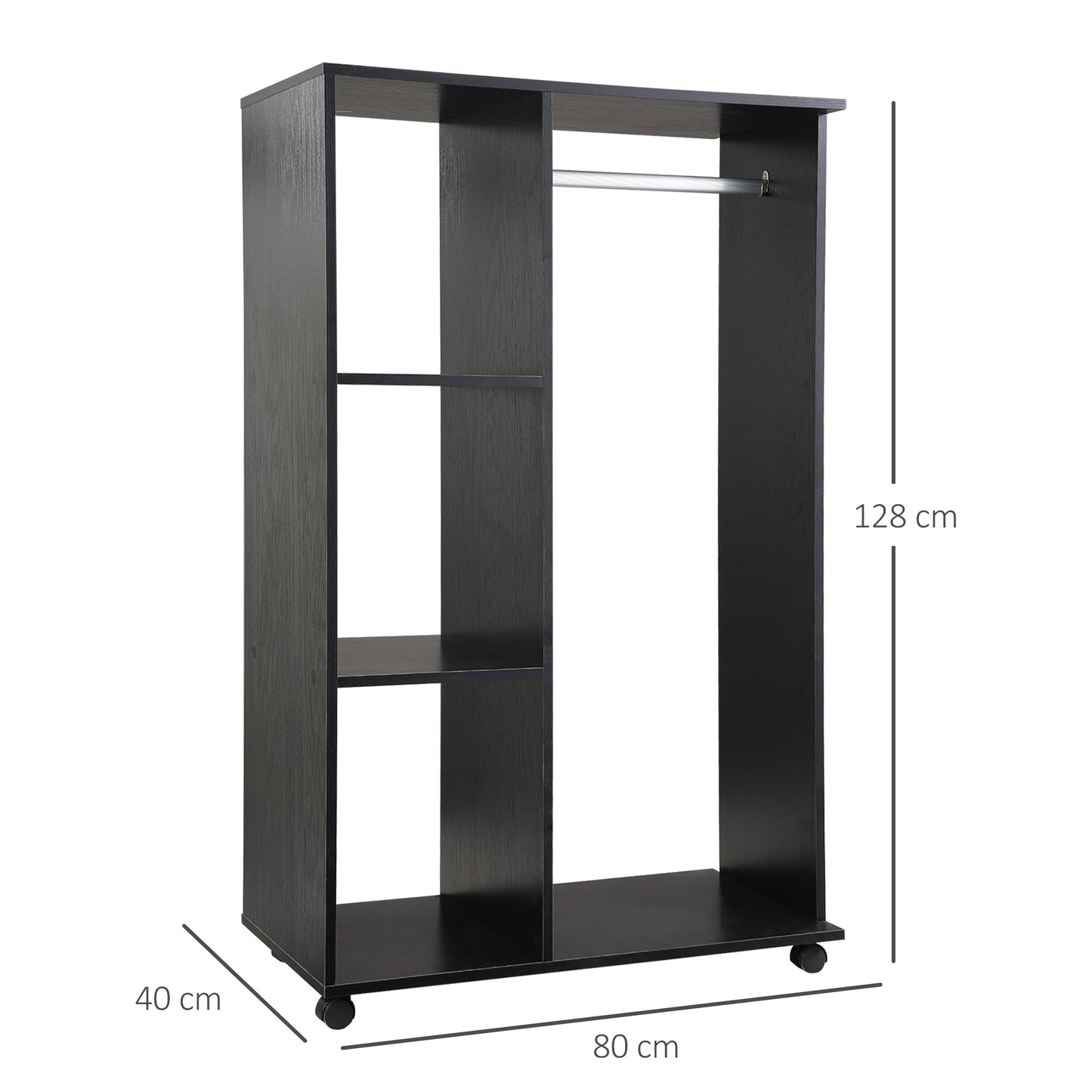 Open Wardrobe on Wheels, Bedroom Wardrobe with Clothes Hanging Rail, 3 Storage Shelves, Mobile Garment Rack for Cloakroom, Hallway, Black