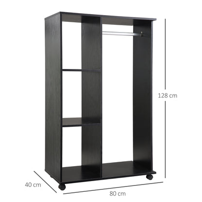 Open Wardrobe on Wheels, Bedroom Wardrobe with Clothes Hanging Rail, 3 Storage Shelves, Mobile Garment Rack for Cloakroom, Hallway, Black