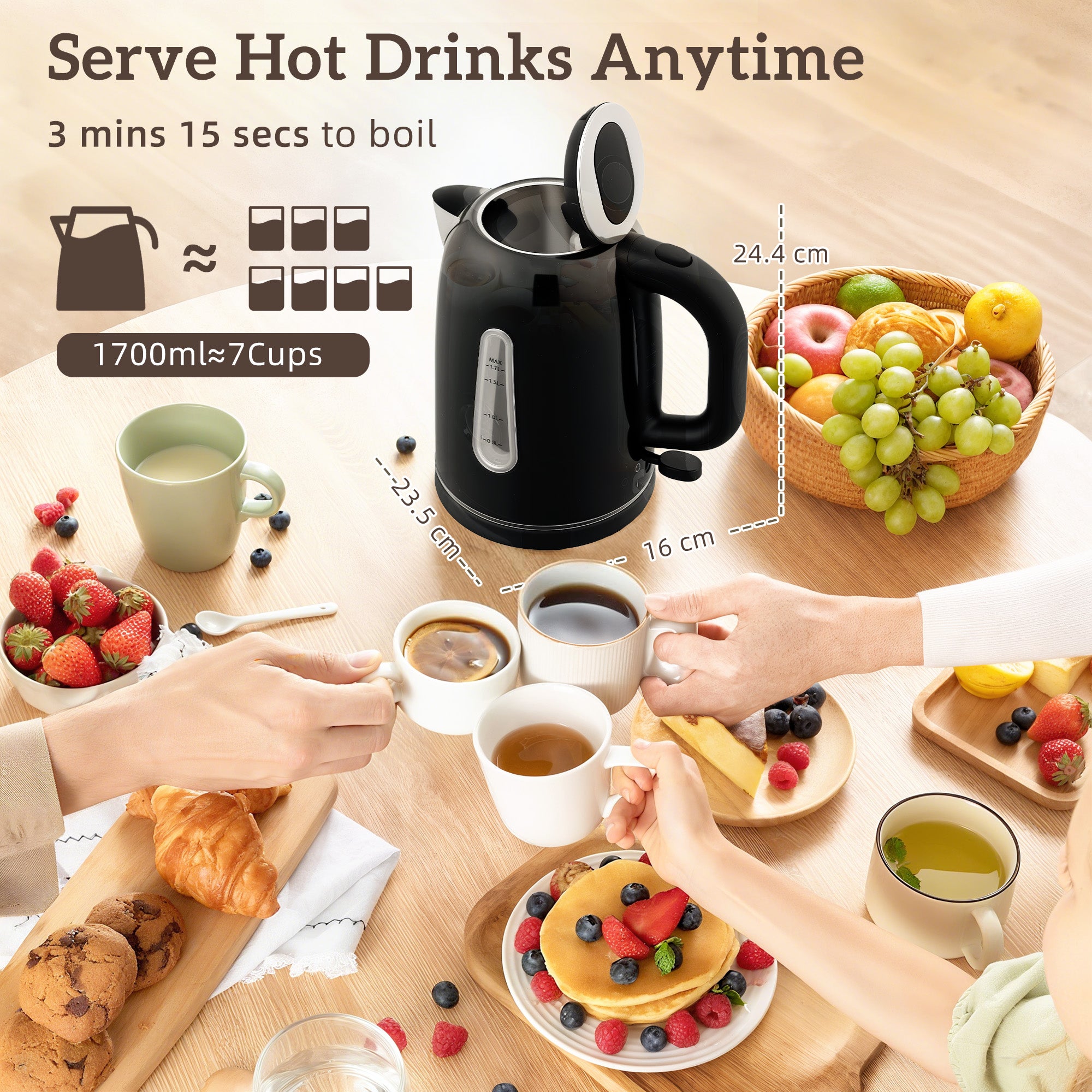 Kettle and Toaster Set, 1.7L 3000W Rapid Boil Jug Kettle with Otter Thermostat, Limescale Filter, 4 Slice Toaster with 7 Browning Controls, Crumb Tray, LED Strip, Black