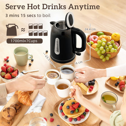 Kettle and Toaster Set, 1.7L 3000W Rapid Boil Jug Kettle with Otter Thermostat, Limescale Filter, 4 Slice Toaster with 7 Browning Controls, Crumb Tray, LED Strip, Black