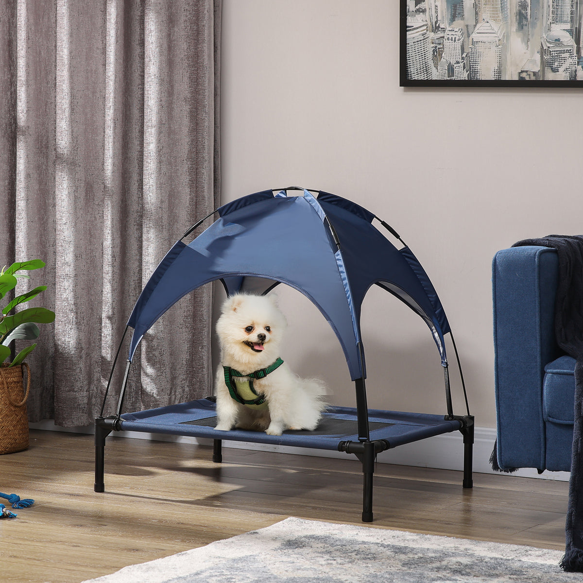 PawHut Outdoor Dog Bed with Removable Canopy, Portable Raised Dog Bed for Camping, Garden & Beach, Water-Resistant UV-Protection Mesh Pet Cot Sun Lounger, for Medium Pets, 76 x 61 x 73 cm, Dark Blue