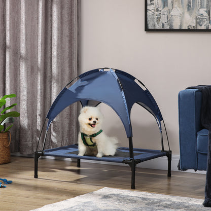 PawHut Outdoor Dog Bed with Removable Canopy, Portable Raised Dog Bed for Camping, Garden & Beach, Water-Resistant UV-Protection Mesh Pet Cot Sun Lounger, for Medium Pets, 76 x 61 x 73 cm, Dark Blue