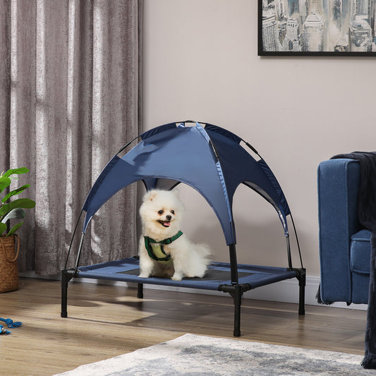 PawHut Outdoor Dog Bed with Removable Canopy, Portable Raised Dog Bed for Camping, Garden & Beach, Water-Resistant UV-Protection Mesh Pet Cot Sun Lounger, for Medium Pets, 76 x 61 x 73 cm, Dark Blue