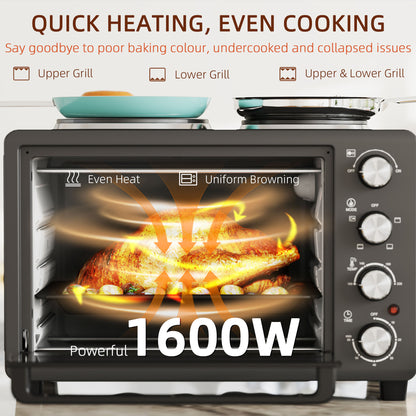 NETTA 28L Toaster Oven with Double Hotplate, 1600W Countertop MIni Oven with 60 Minute Timer & 230°C Temp Control, Baking Tray & Wire Rack, Black