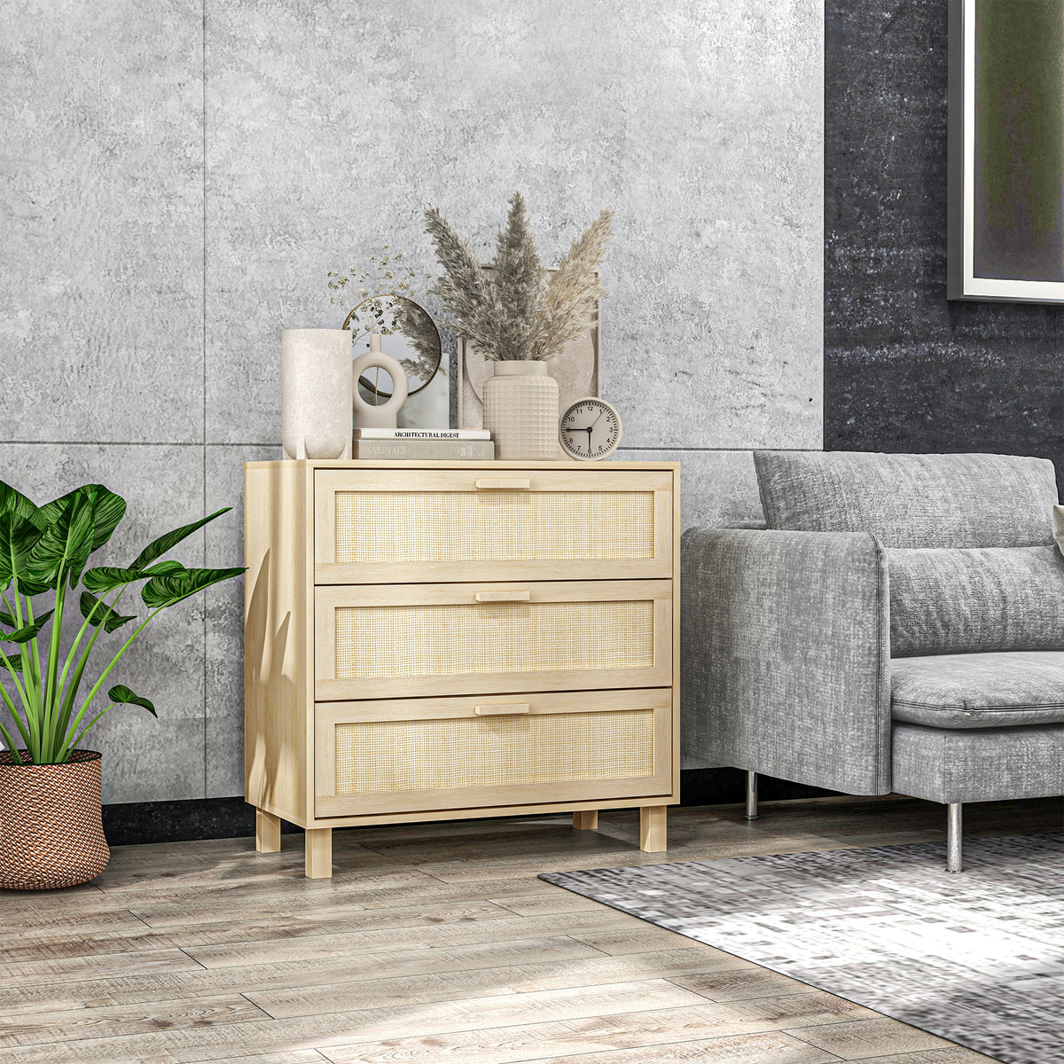 Rattan Bedroom Chest of Drawers, 3 Drawers Storage Unit, Boho Dresser for Living Room, Hallway, Natural