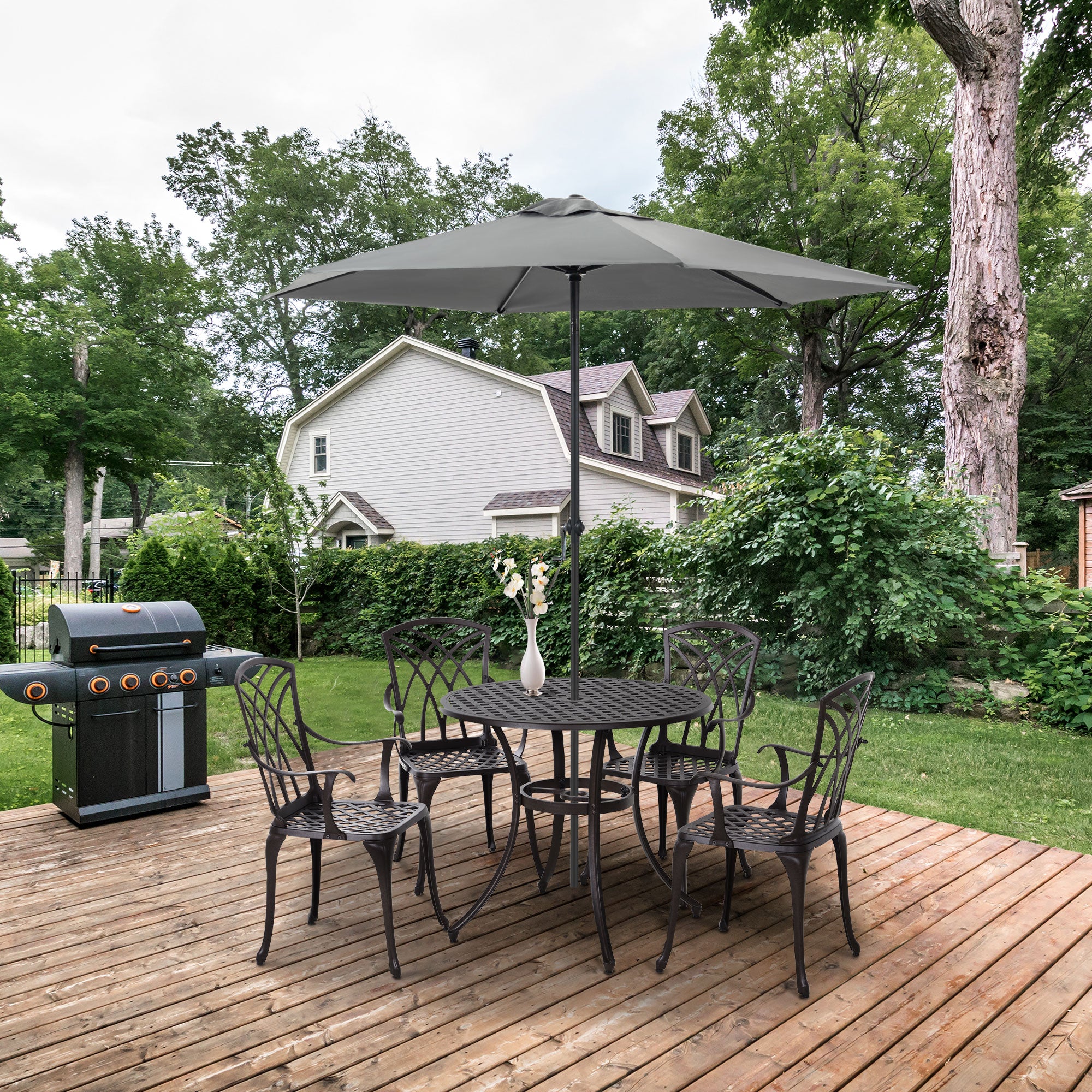 Outsunny 5 Pieces Garden Dining Set for 4, Cast Aluminium Outdoor Dining Set with 4 Armchairs and Round Dining Table with Parasol Hole, Garden Furniture Bistro Set, Brown